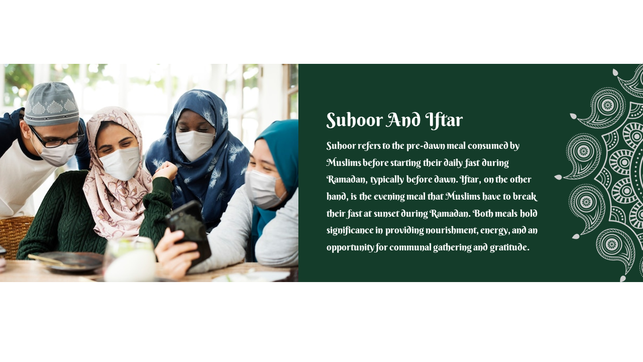 Slide shows a group of young people wearing masks and colorful hijabs looking at a phone beside a green patterned panel.