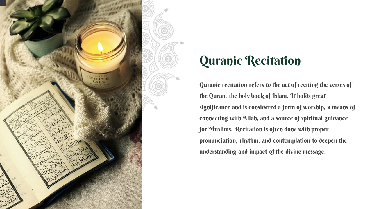 An an open Quran on a knitted cloth beside a lit candle in a glass jar and a small green potted plant on a soft surface.