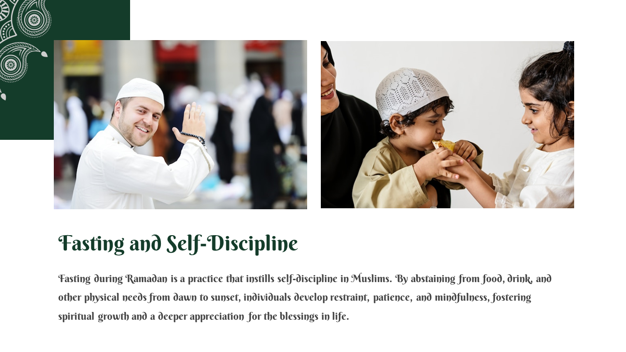 Slide with two images of a smiling man in white attire clapping outdoors and two children sharing food indoors.