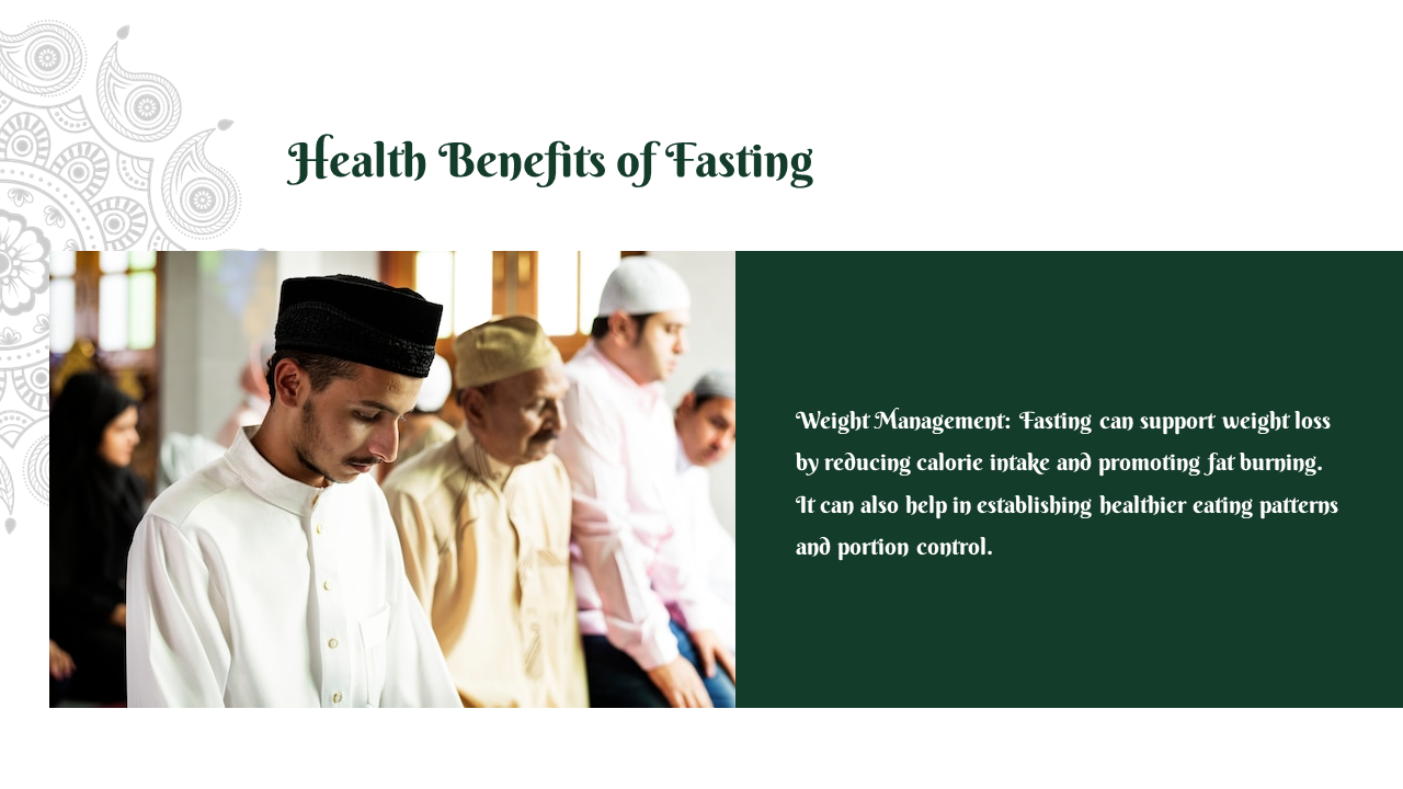 Slide shows a group of men in white and beige outfits sitting and praying indoors, with a dark green panel on the right side.