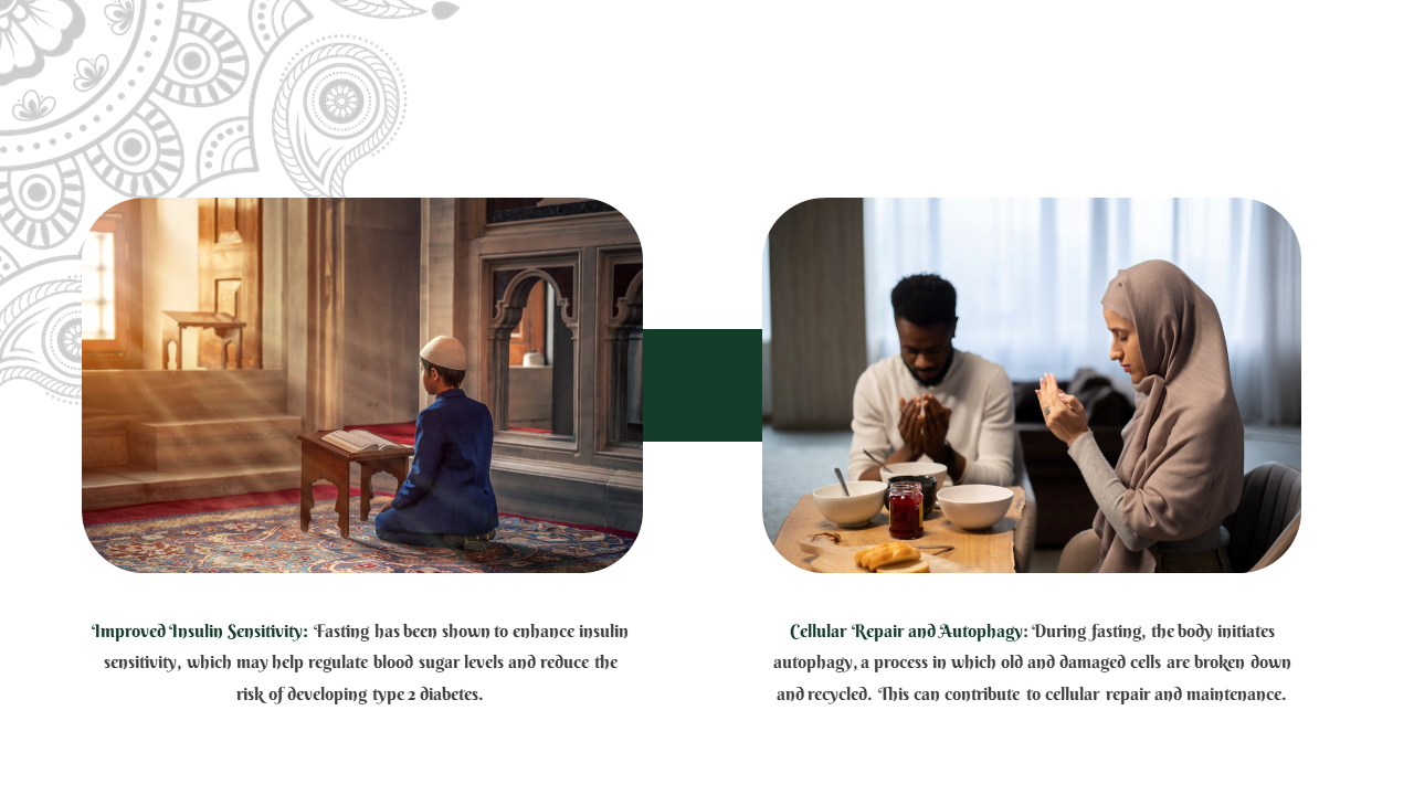 Slide with two images of a boy in a mosque with warm lighting and a couple praying over bowls of food on a wooden table.