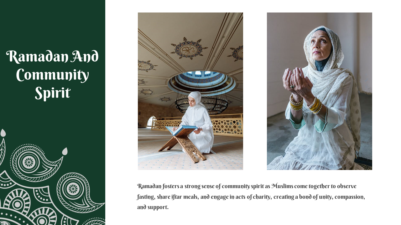 Slide with green sidebar and two images of a girl reading a book in a mosque and an older woman praying with raised hands.