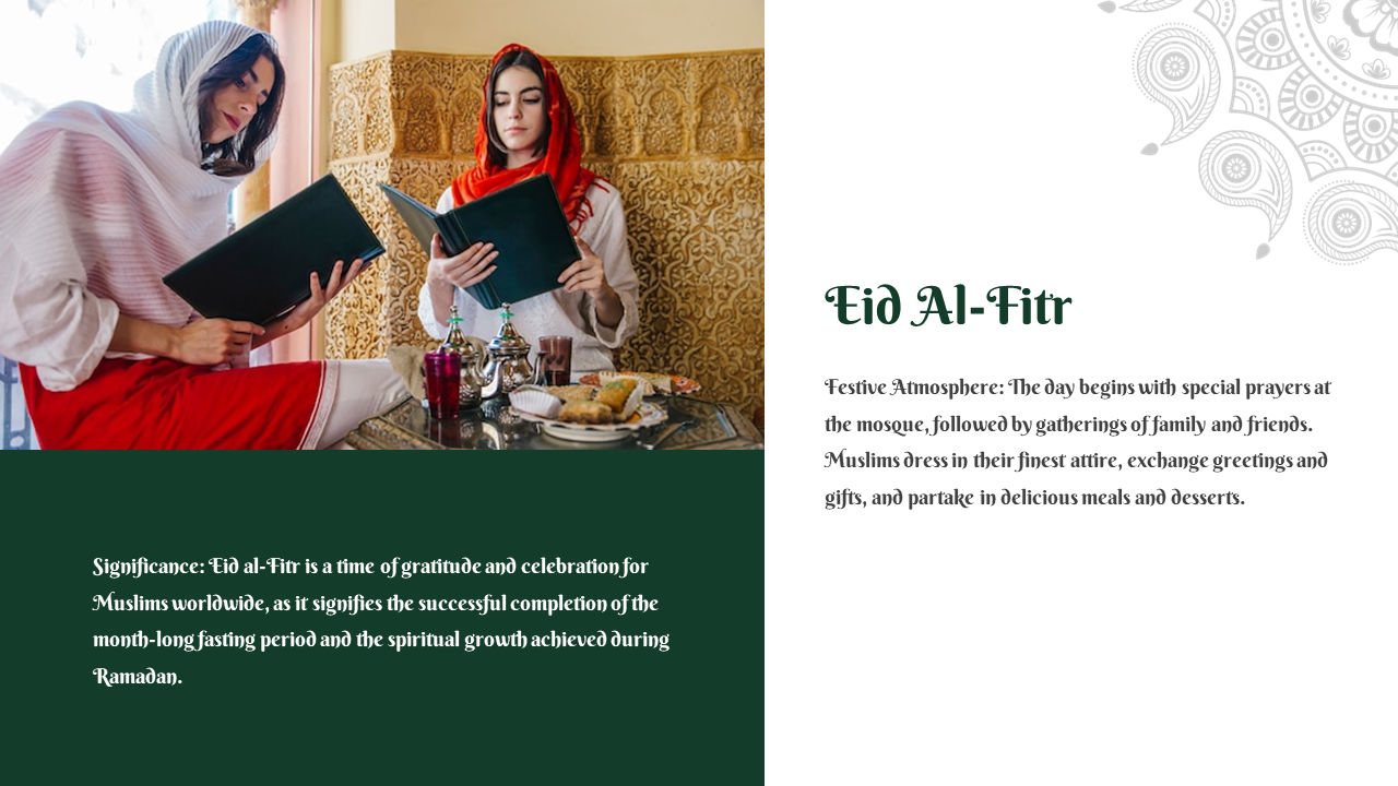Two women in white and red attire reading books beside a table with sweets and tea, against a golden ornate wall.
