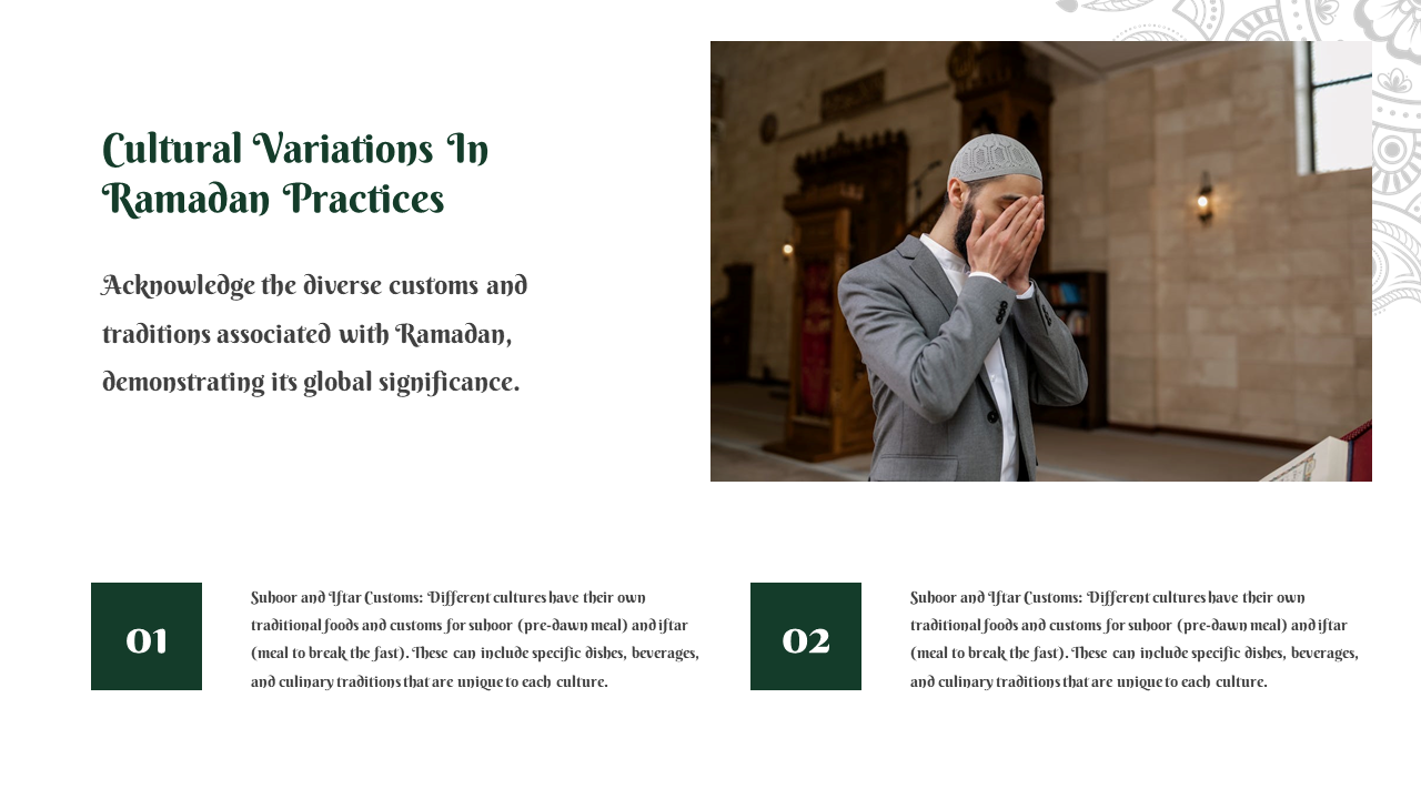 A man in a gray suit praying inside a mosque with stone walls and wood panels, and two green numbered sections below.
