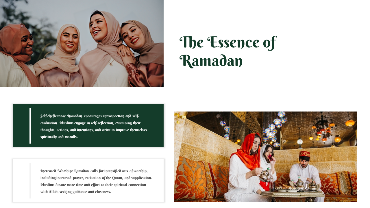 Four women in neutral hijabs smiling, paired with a cozy indoor tea setting featuring traditional decor and lanterns.