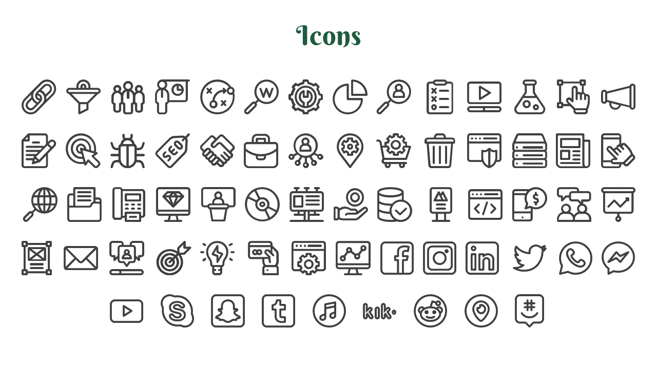 Slide featuring black outlined icons of various objects, people, and symbols organized in five rows, under green title.