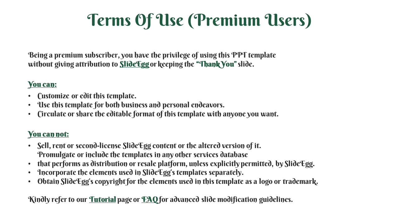 Slide displays a centered dark green title with two black bullet point lists underneath, all on a clean white background.