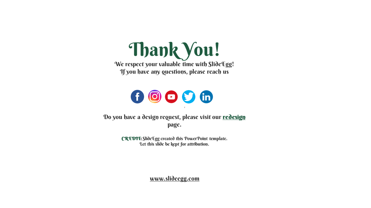 Slide featuring white background with dark green thank you text at the center and five circular social icons underneath.