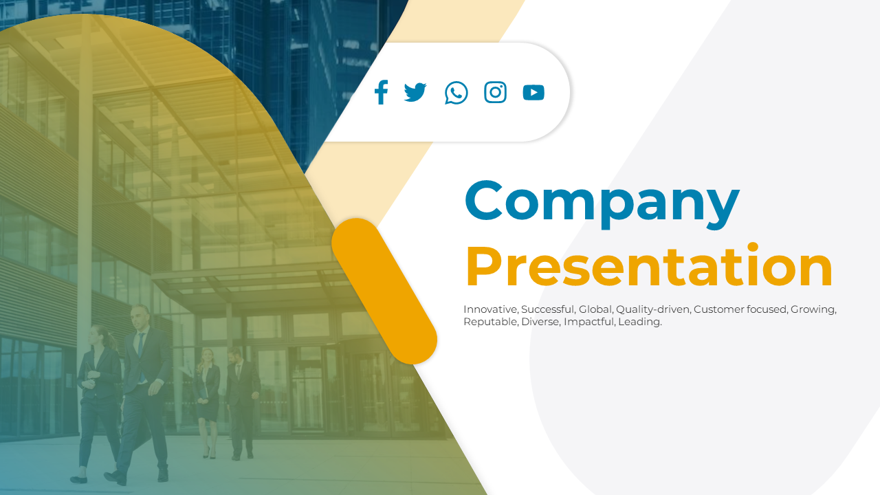 A company presentation slide with a modern building background and icons for social media links on a split backdrop.