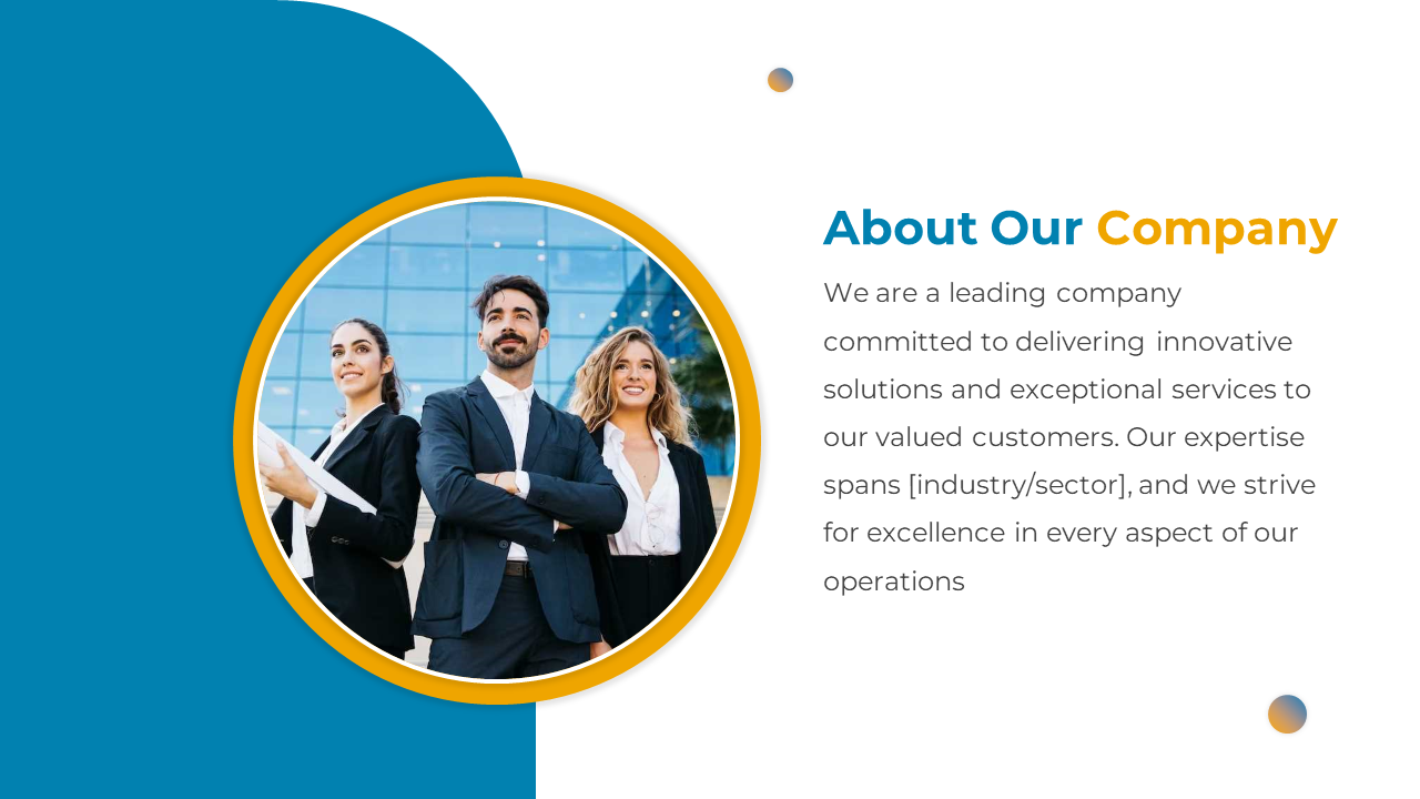 An About our company slide featuring a business team in front of a modern building on a split backdrop in white and blue.