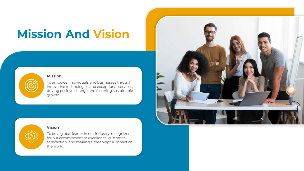 Company mission and vision slide with a group of diverse professionals, emphasizing a commitment in a yellow and blue theme.