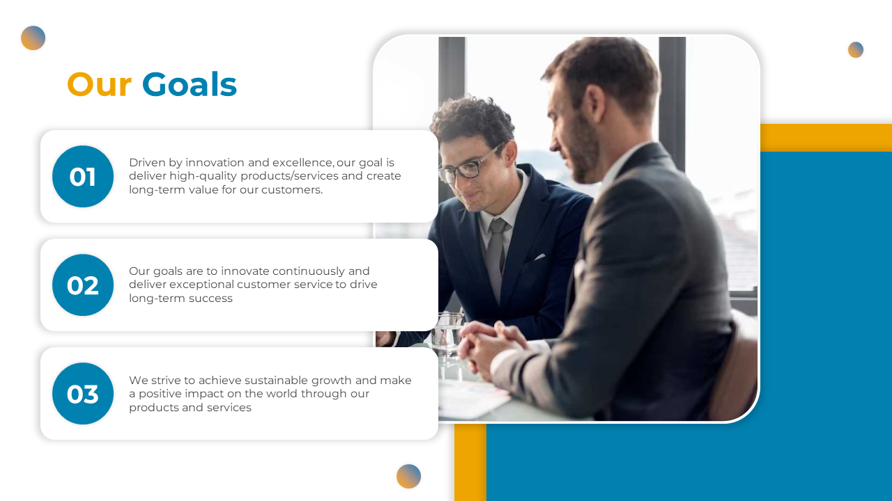 Our goals slide with a focus on driving customer satisfaction, innovation, and sustainable growth with two businessmen.