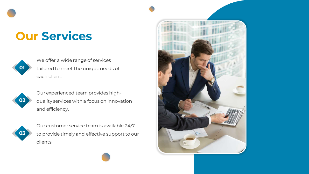 Two professionals discussing business services over a laptop, with a focus on high quality services and innovation.