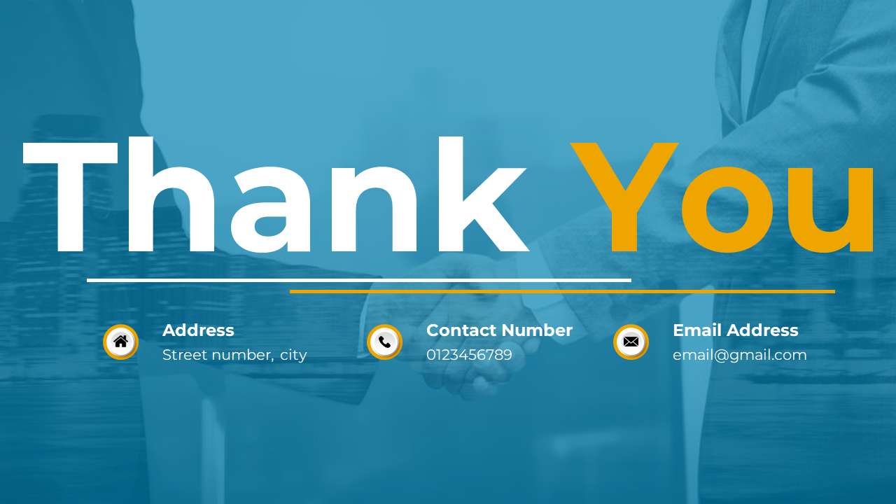 A thank you slide with contact details, including address, phone number, and email, along with a handshake image.
