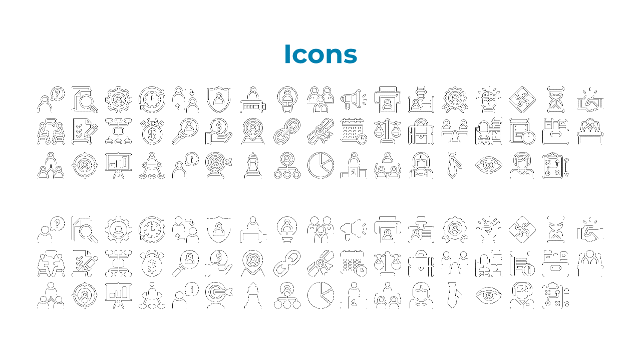 A collection of black icons related to business and technology, including people, tools, and documents on a white theme.