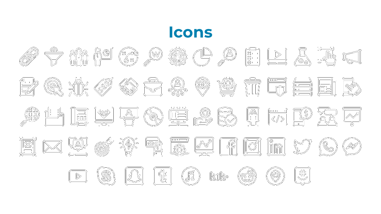 Set of monochrome icons featuring elements like search, analysis, social media, e commerce, and data management.