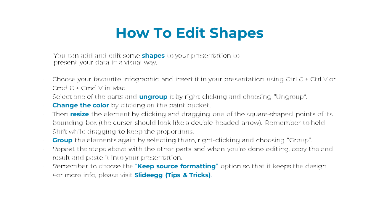 A slide with steps to edit shapes in a PowerPoint presentation, featuring icons for ungrouping, resizing, and changing color.