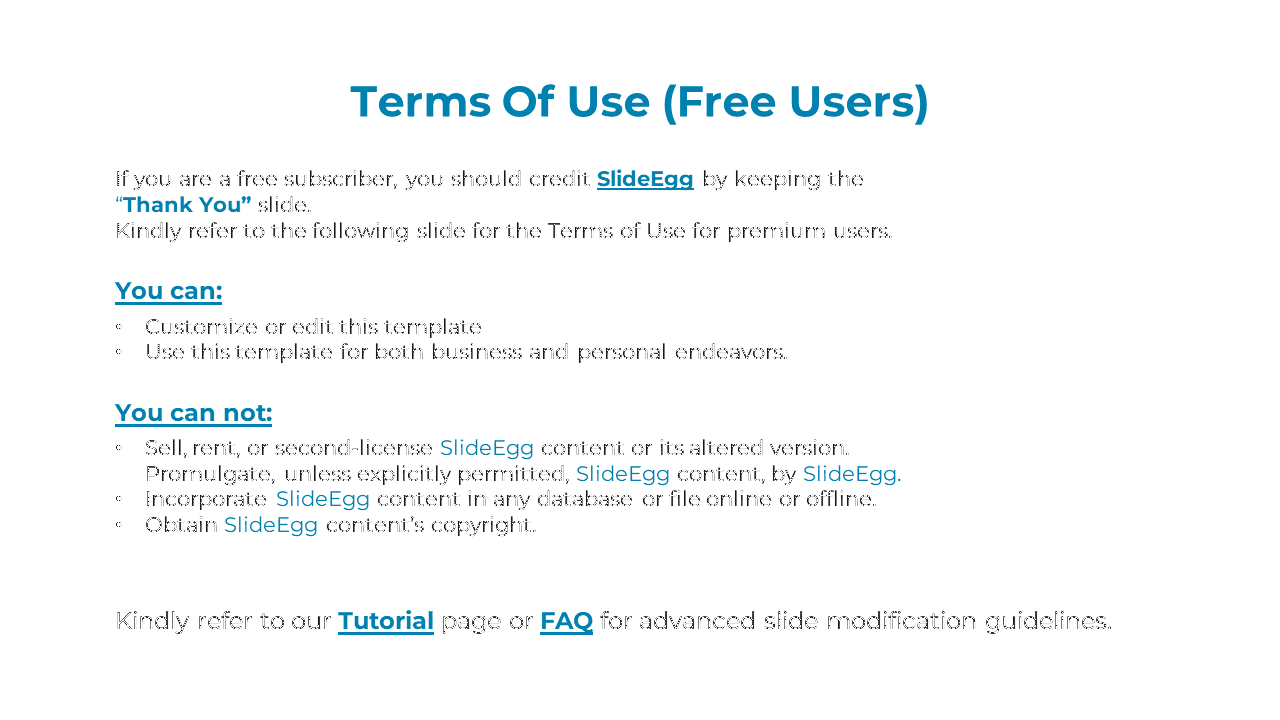 Slide detailing the terms of use for free users including guidelines for editing template and restrictions on redistribution.