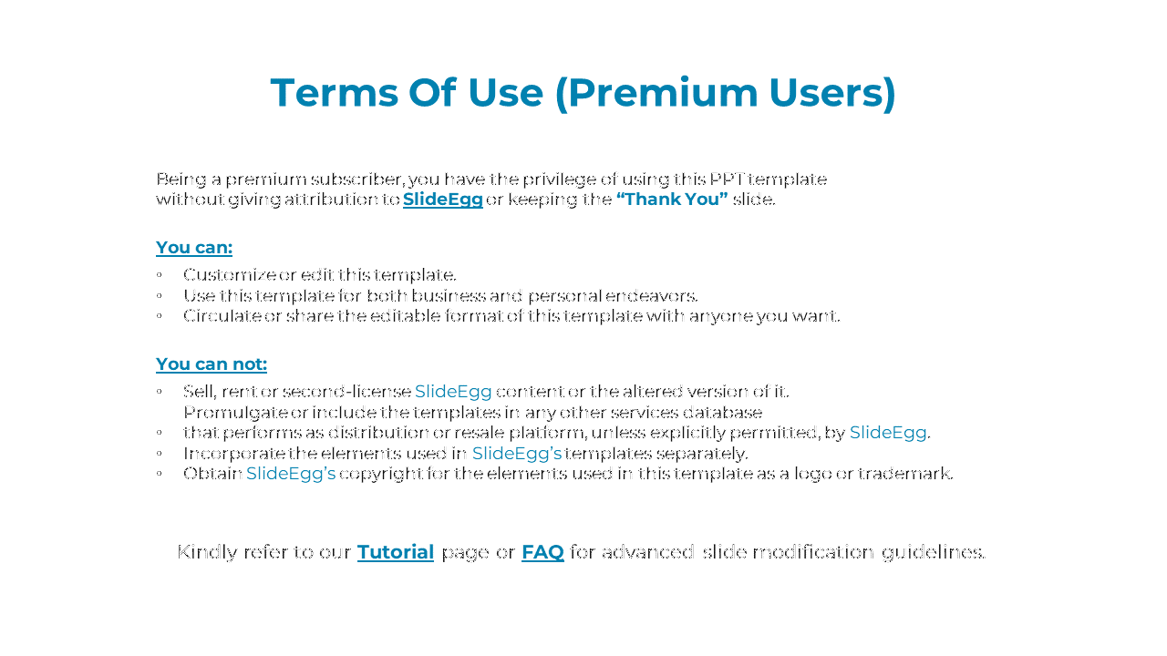 Terms of use for premium users explaining the rights to customize, edit, and circulate SlideEgg template without attribution.