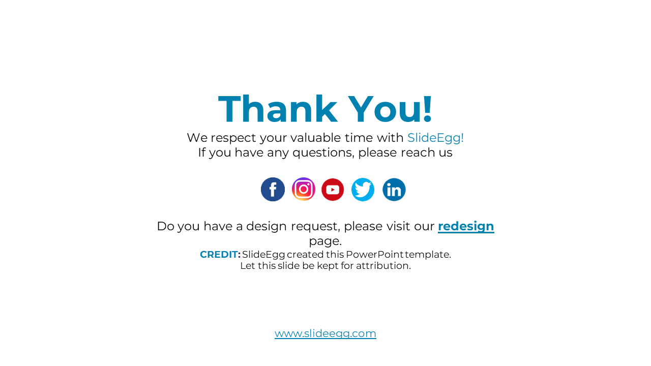 Thank you note from SlideEgg with contact and design request information, along with social media icons and attribution.
