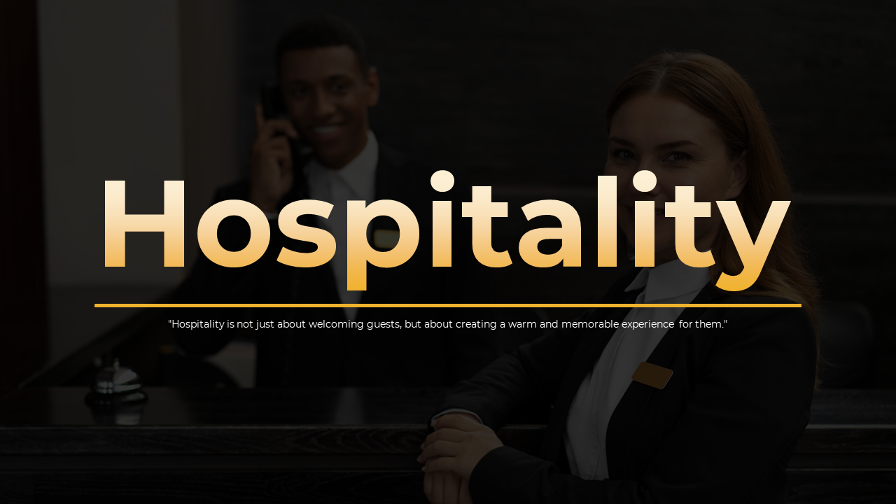 Slide shows a dark background with two hotel receptionists smiling, overlaid by large yellow gradient text at the center.