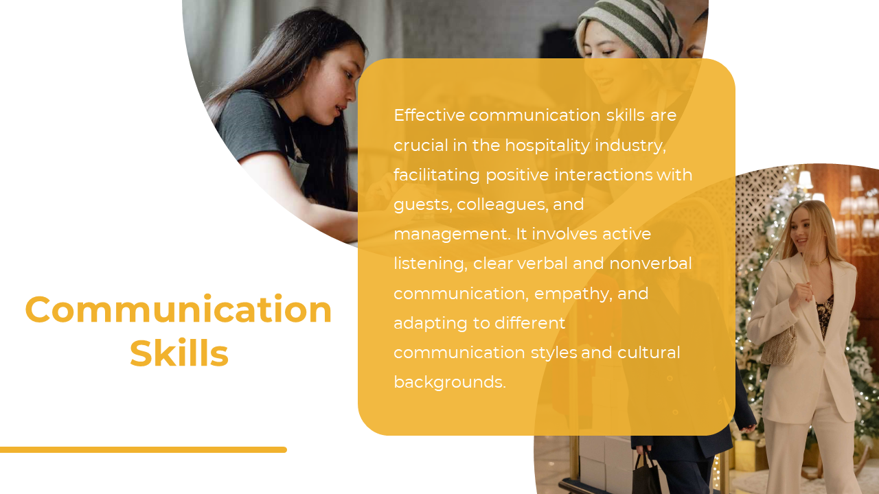 Slide featuring a yellow rounded box with text overlaid on two curved images showing people talking and smiling.