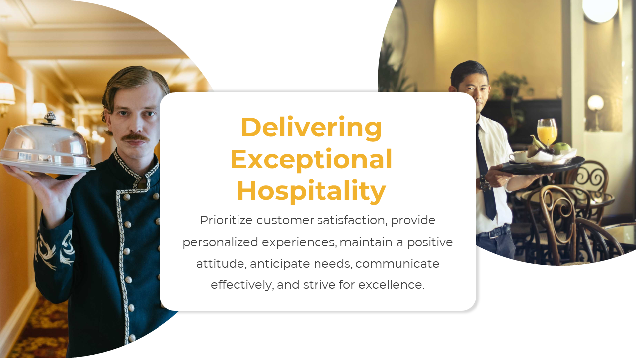 Two semi circular photos of waiters on each side with a white rounded rectangle containing yellow text in the center.