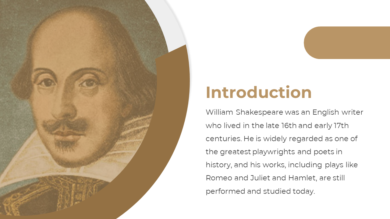 Slide shows a faded color portrait of Shakespeare inside a partial brown circle on the left, with text block on the right.