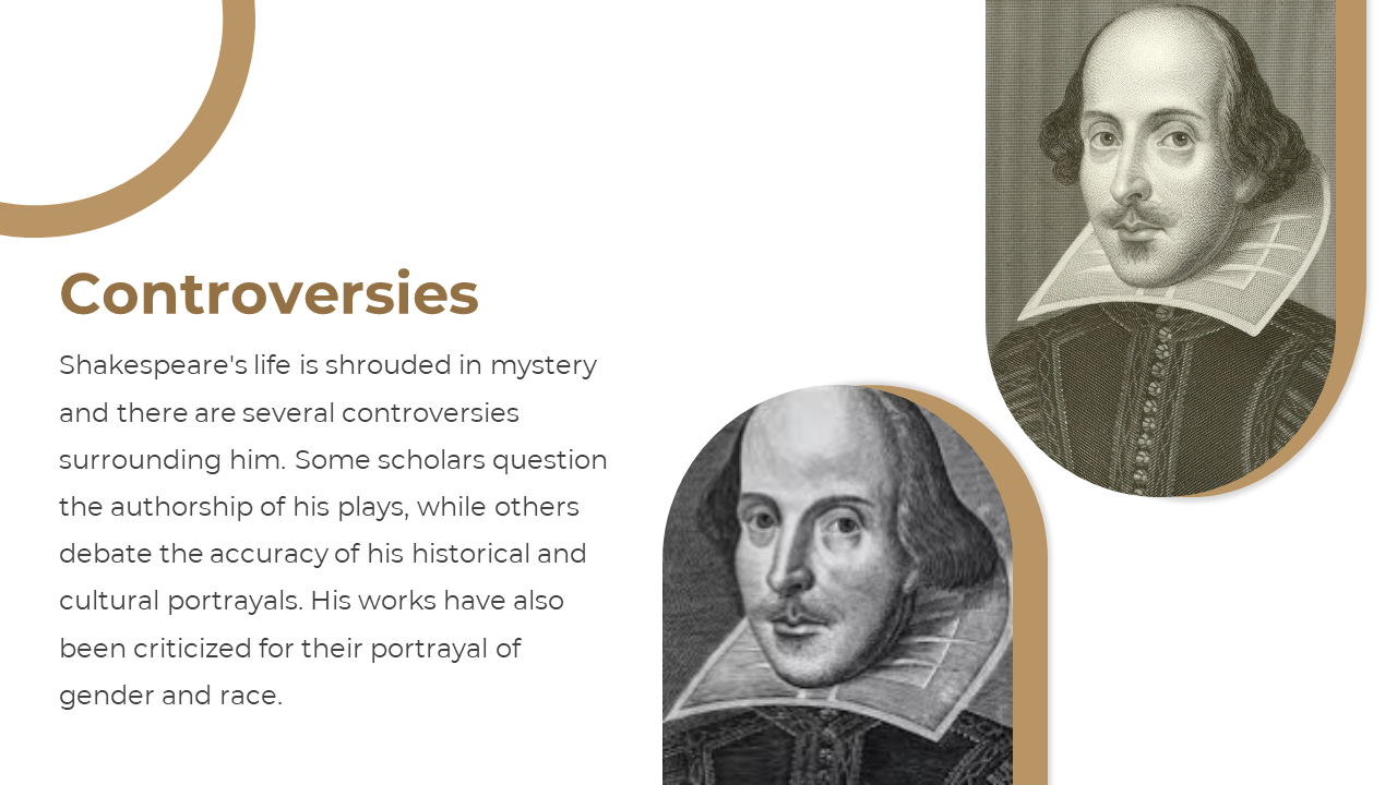 Two grayscale illustrations of Shakespeare, each framed in brown rounded shapes, next to a text block on a white background.