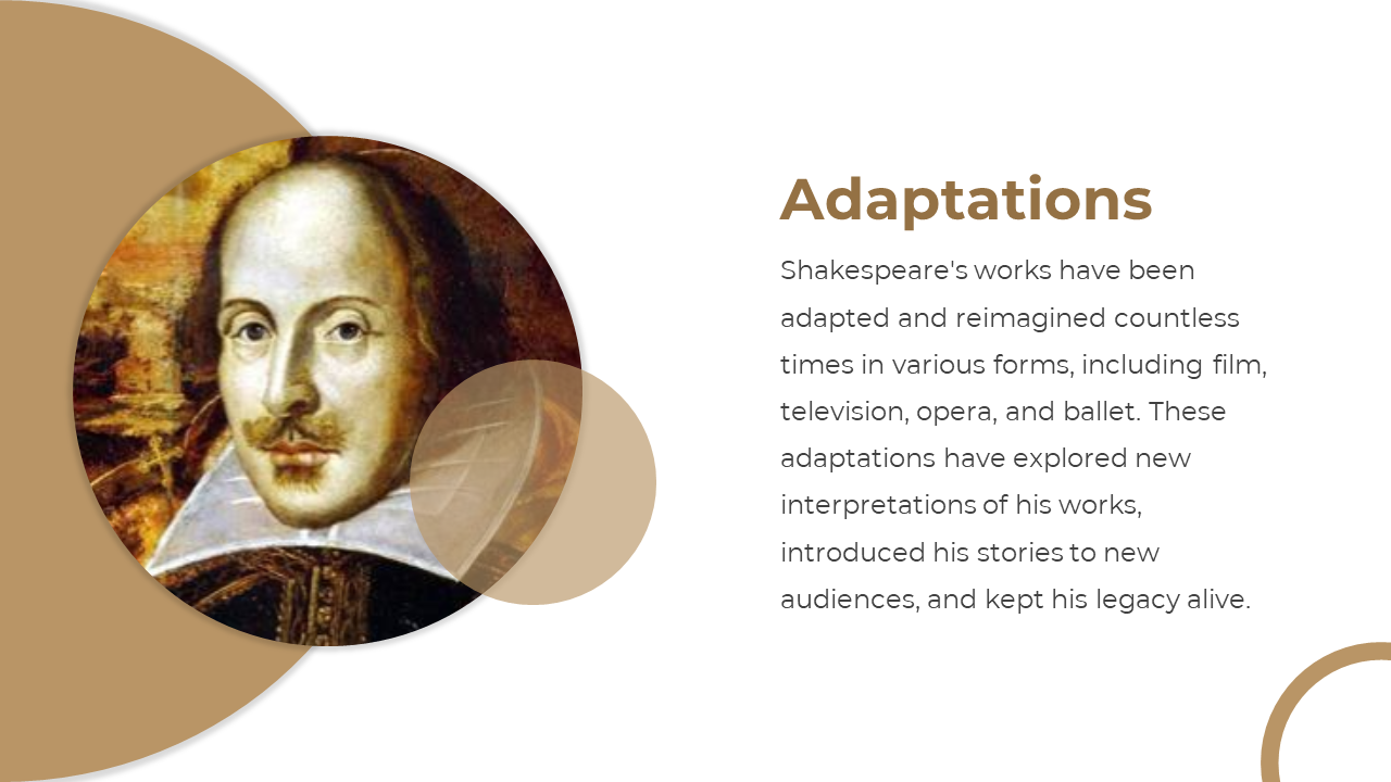 Slide with a circular painted portrait of Shakespeare with layered brown circles on the left and text on the right.