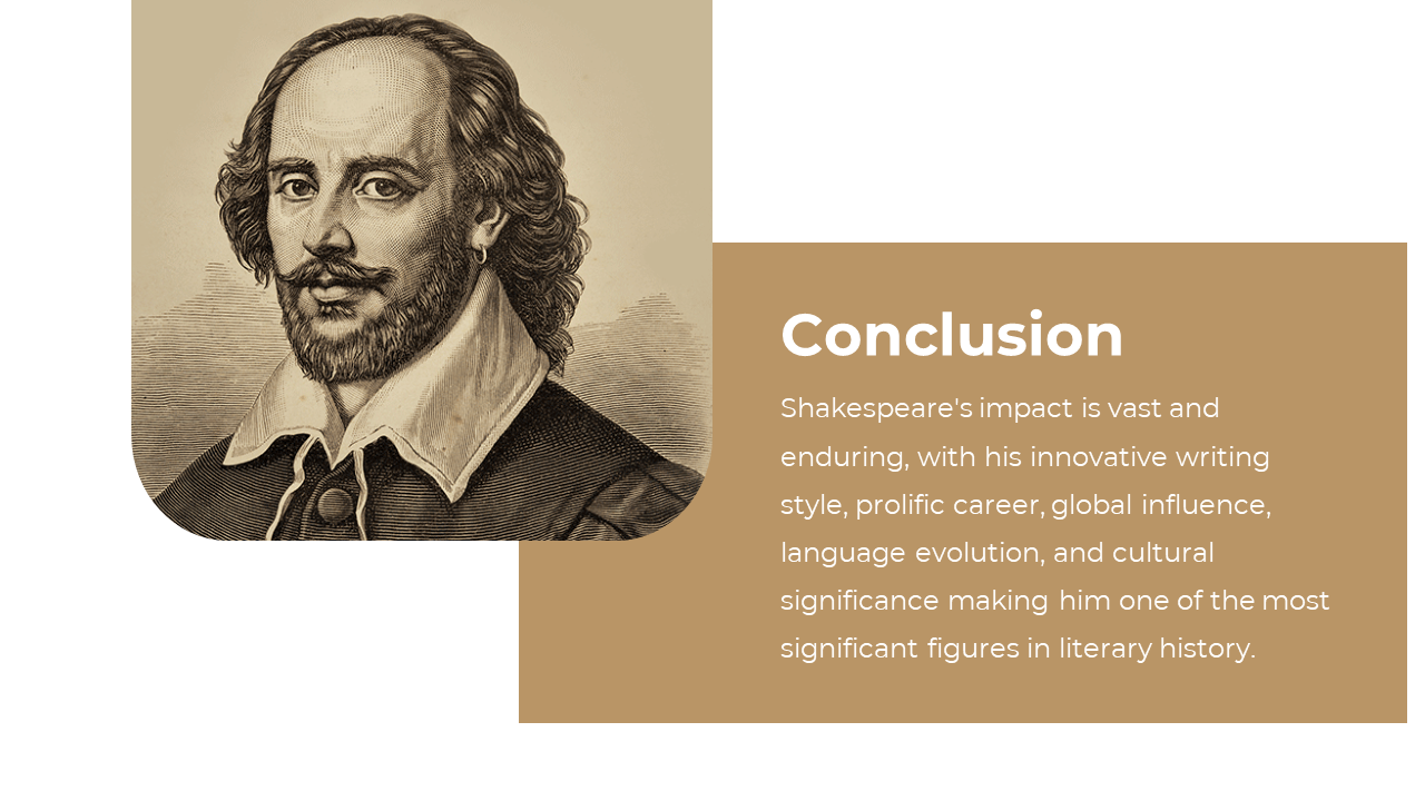 Slide shows a vintage style illustration of Shakespeare on the left with a brown rectangular text box on the right.