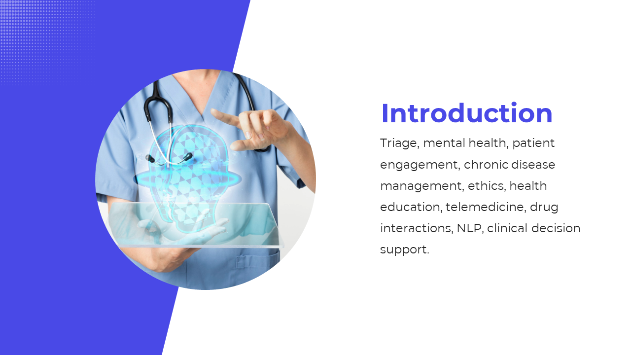 A medical worker wearing a stethoscope gestures toward a digital brain hologram, with text, on a blue and white background.