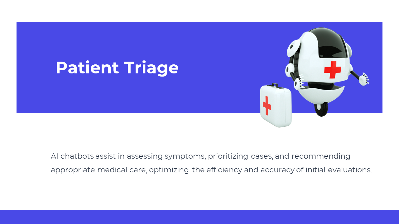 Slide shows a medical robot with a red cross carrying a white first aid kit, next to blue title box and text below.