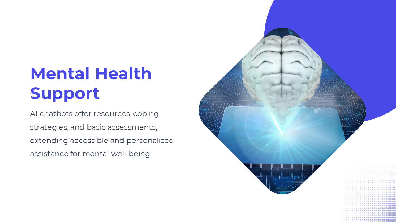 Slide with 3D brain model hovers over a tablet emitting blue rays in a diamond frame, alongside text on left white space.