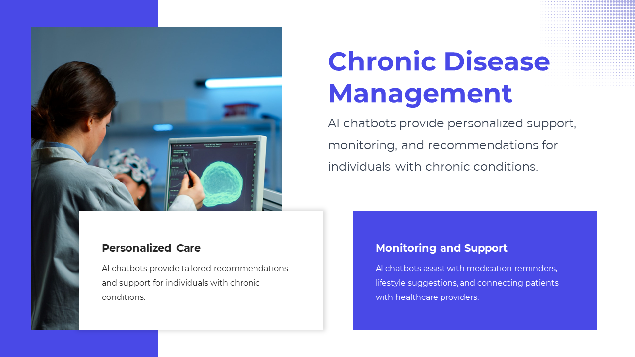 Slide shows a healthcare worker viewing a 3D scan on a screen, with two text sections, on a white and blue layout.