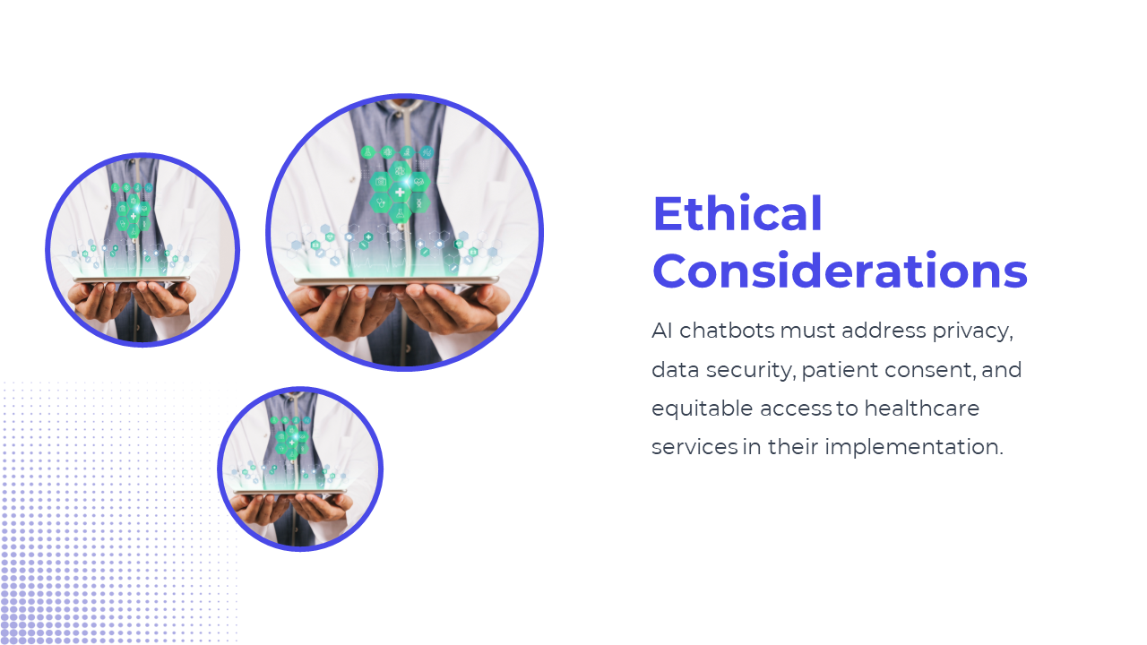 Three blue framed circular images of a doctor using a tablet with floating green health icons and text on the right.