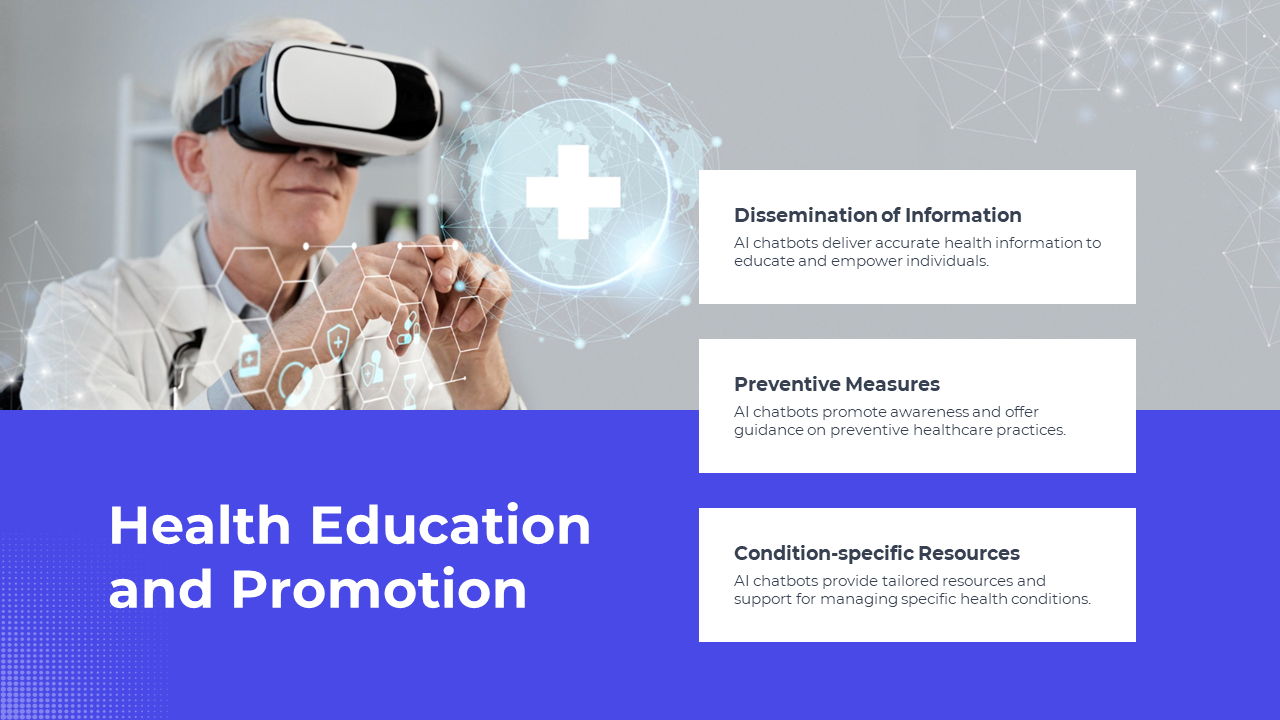 Slide shows a doctor wearing VR glasses interacting with floating icons, with three white text blocks and a blue footer.