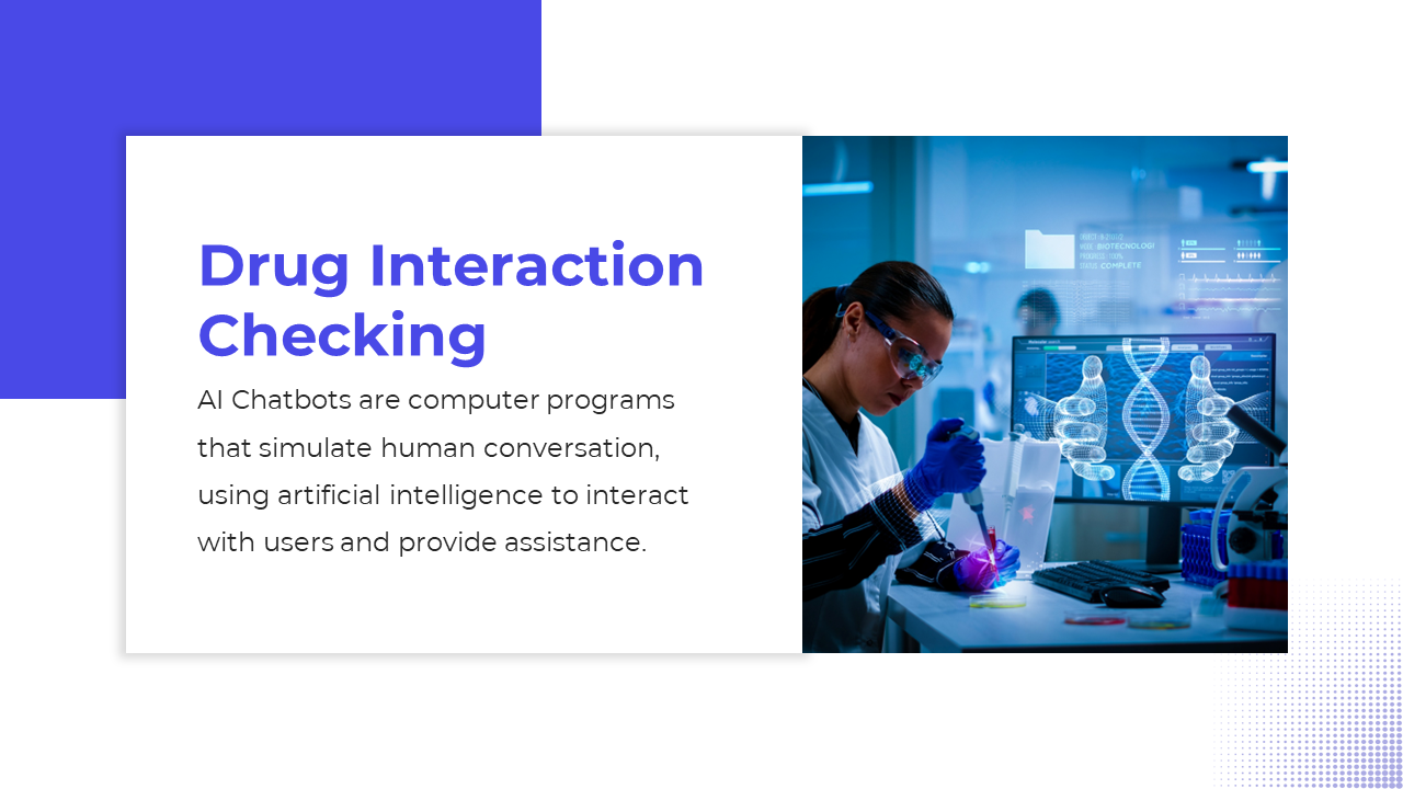 Slide displays a lab researcher using scientific equipment beside a large white panel containing text with blue accents.
