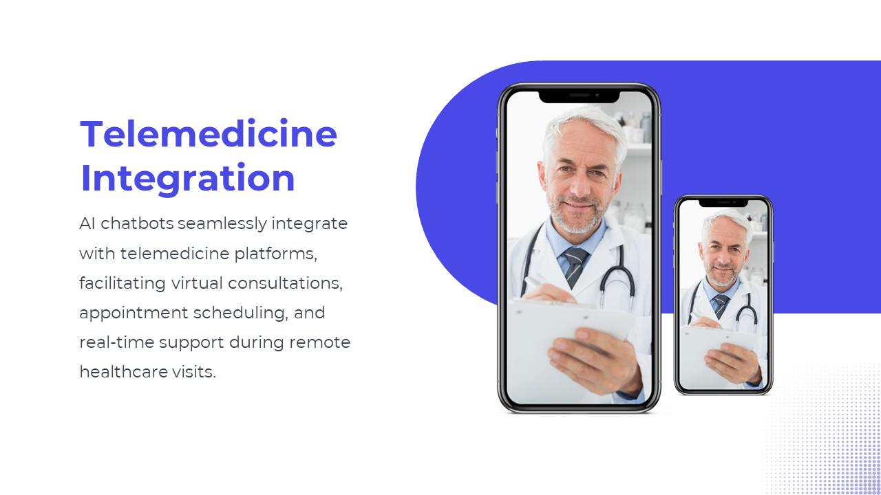 Slide shows two smartphones displaying a smiling doctor, placed on a white and blue split background with text on left.