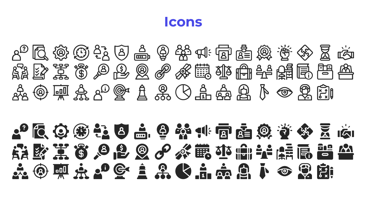 White background with a blue heading at the top, followed by two horizontal rows of black outlined and filled icons.