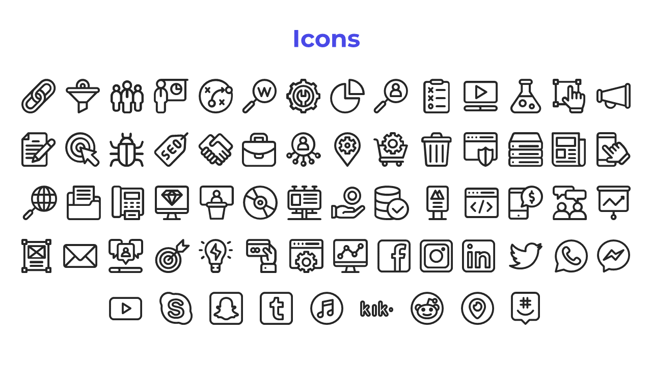 White background with a centered blue heading and multiple rows of small black outlined icons aligned horizontally.