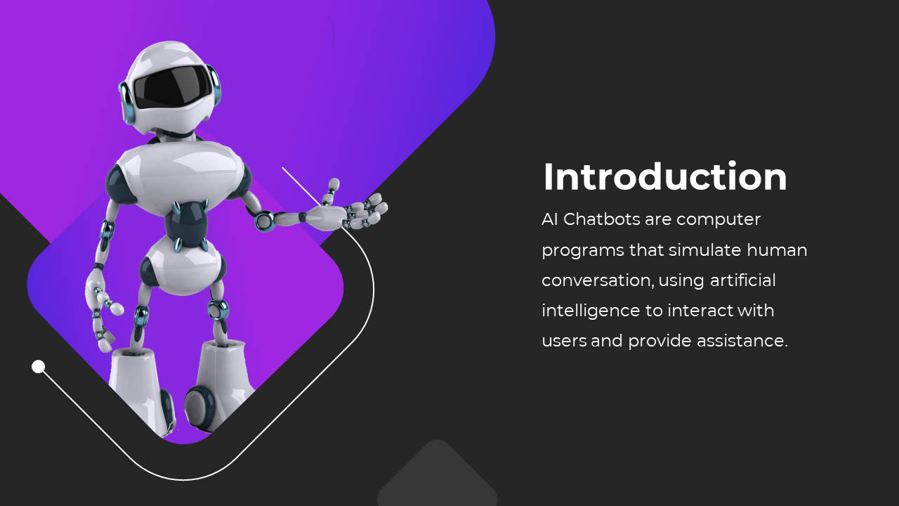 Slide shows a white robot with black joints standing on a purple rounded geometric shapes and text on a dark backdrop.