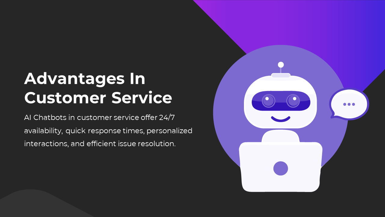Illustration features a white chatbot with blue accents, a laptop, and a speech bubble, set on a dark and purple background.