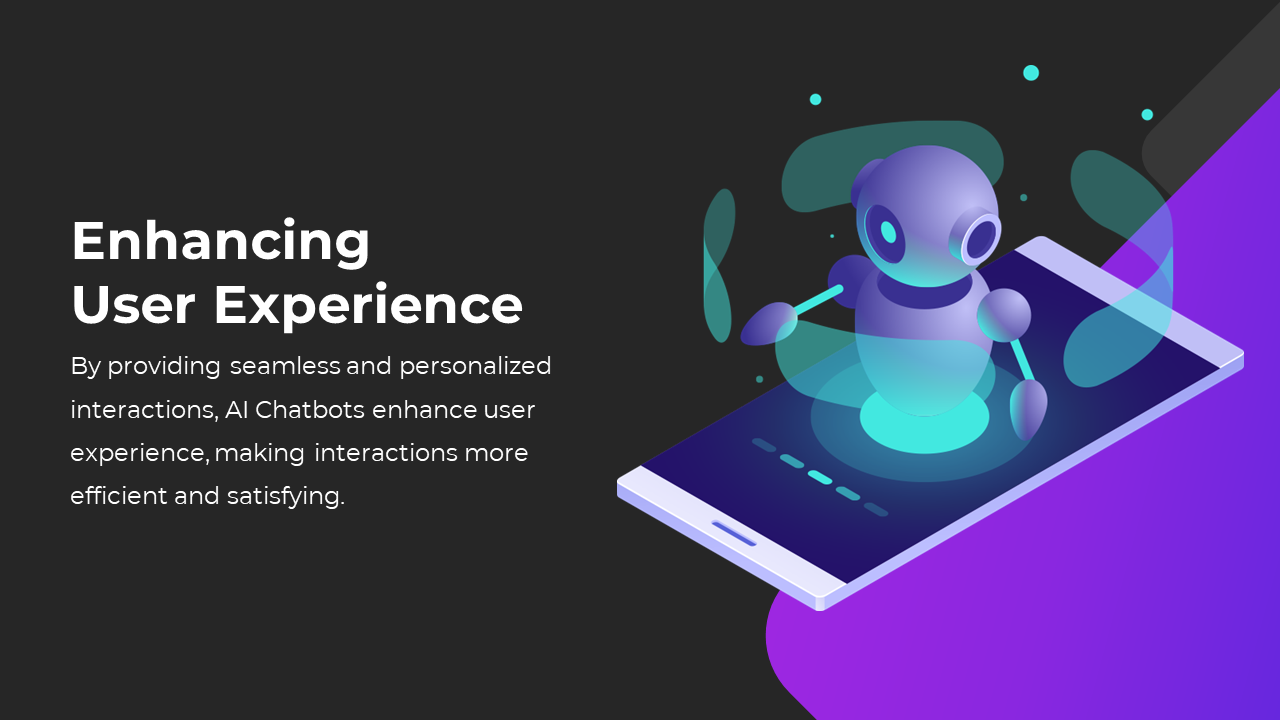 Glowing teal robot figure rises from a navy blue smartphone on a purple and black split background with soft floating shapes.