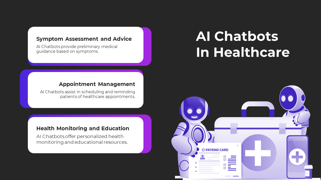 Illustrated purple robots are shown with a medical kit and patient card, next three functions listed on gradient boxes.