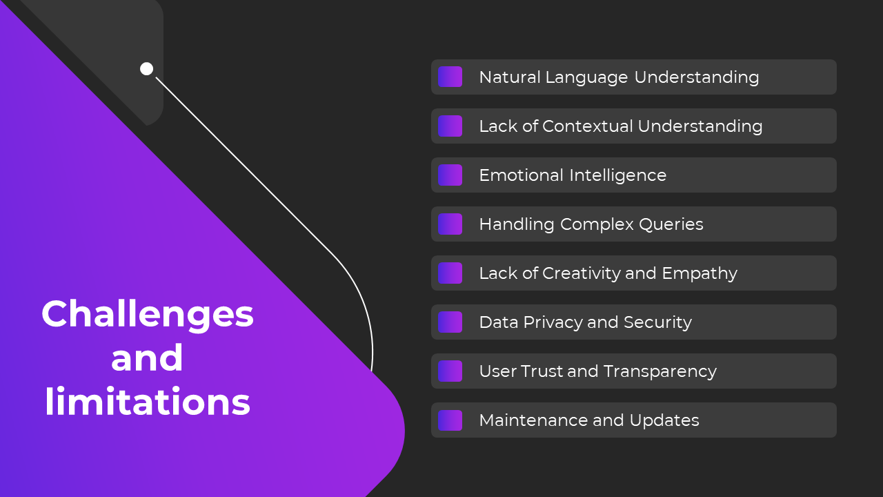 Slide presents eight rectangular dark gray boxes on a black background, each with a purple square and a text label.