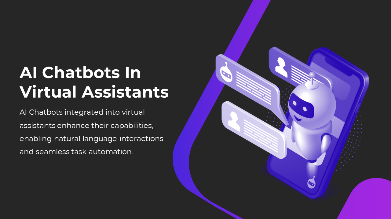 Blue 3D chatbot figure appears from a phone screen, sending chat bubbles on a black background with a purple ribbon.