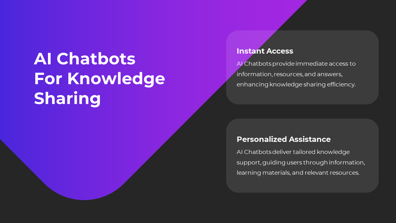 Slide shows a purple graphic on the left with two black rounded boxes on the right discussing AI chatbot knowledge benefits.