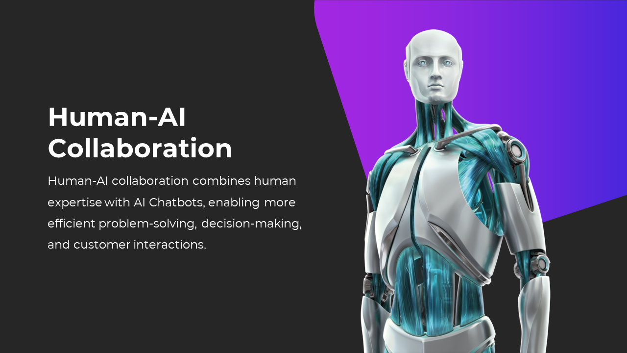 Slide features a silver and blue humanoid figure and text on the left, set against a dark and purple background.