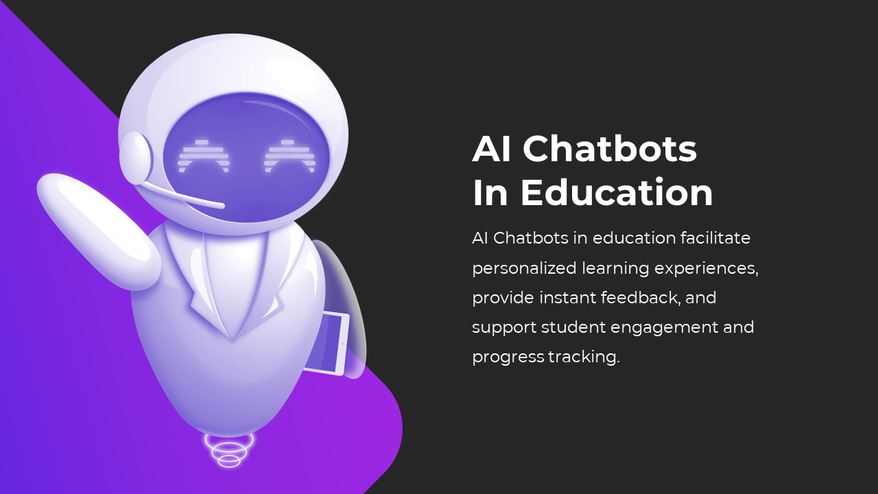Slide features a friendly robot illustration wearing a headset and a coat, with text, on a dark and purple background.